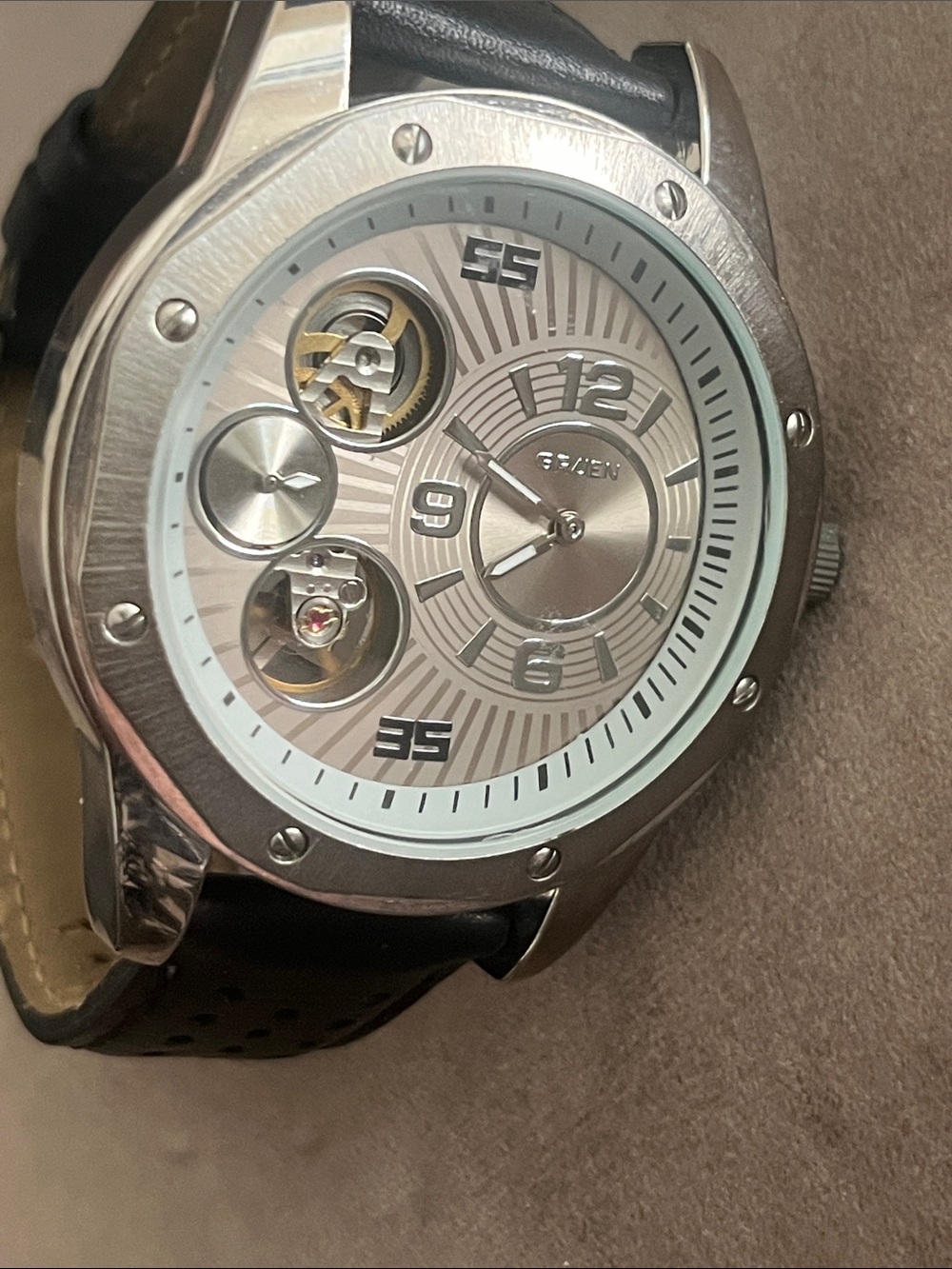 Gruen Silver Dial Men's Mechanical Watch with Black Leather Band